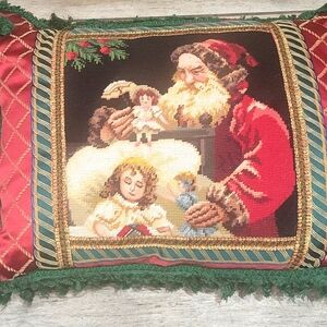 Vintage Santa Claus with Dolls Large needpoint pillow very full velvet backing